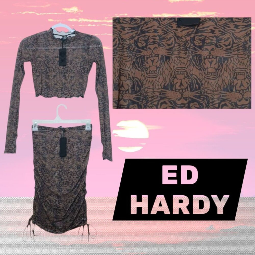 Ed Hardy Crop Top & Ruched Drawstring Co-ord Set Size Small Tiger Print NWT
